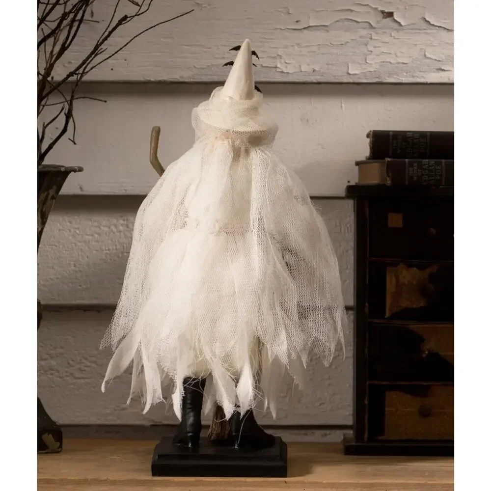 Bethany Lowe Ghostly Witch Halloween Figure with Crow Broom Stick & Spell Book